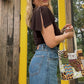 90s Brown Split Sleeve Top