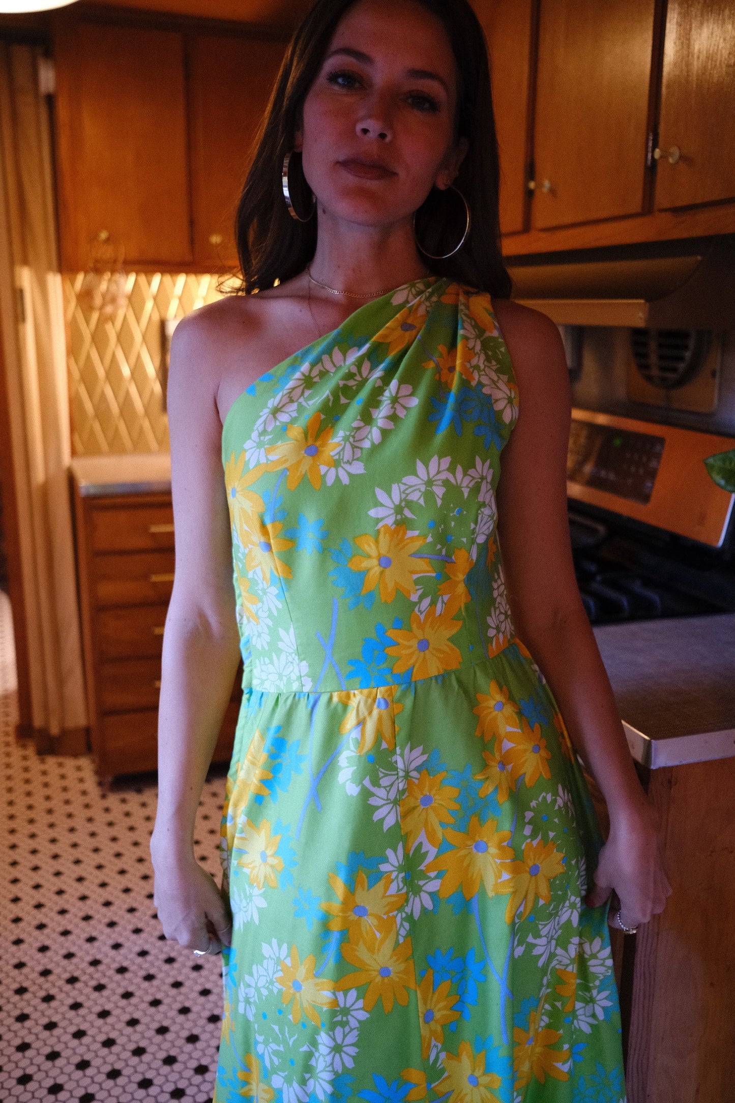 60s Floral One Shoulder Maxi Dress