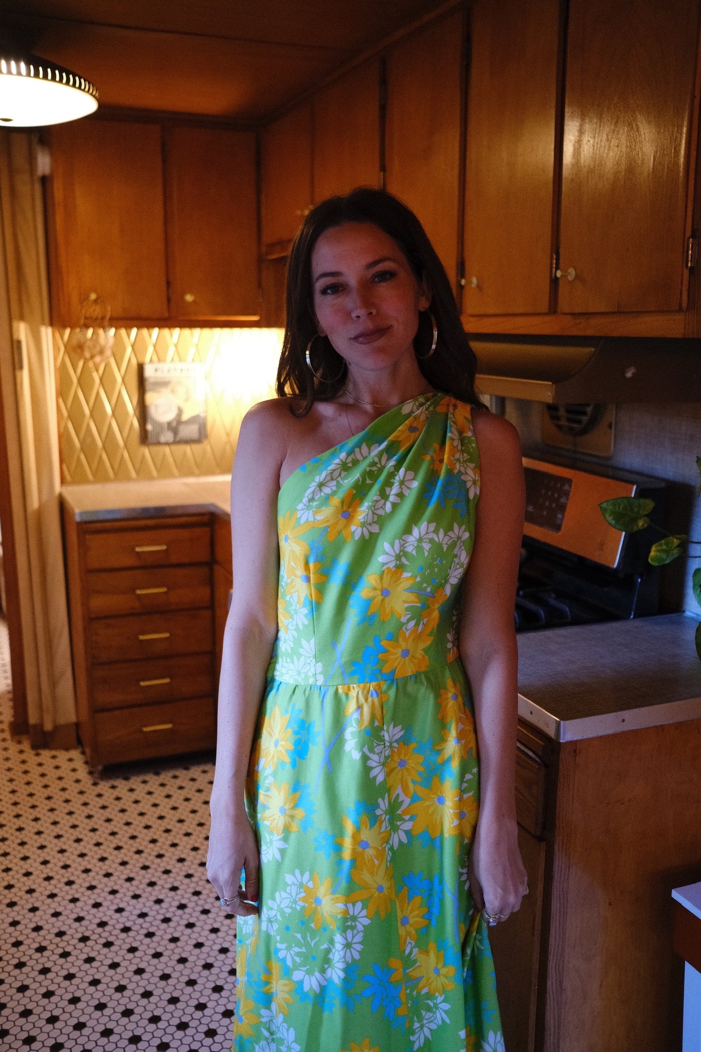 60s Floral One Shoulder Maxi Dress