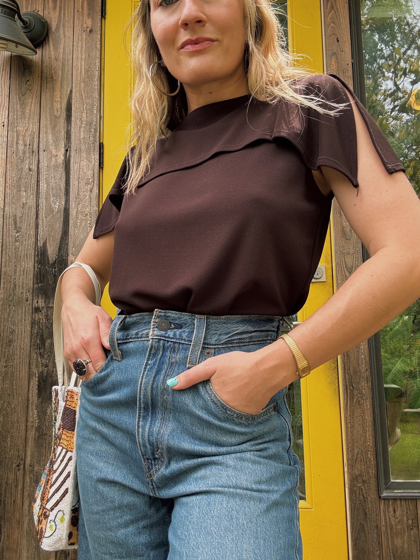 90s Brown Split Sleeve Top
